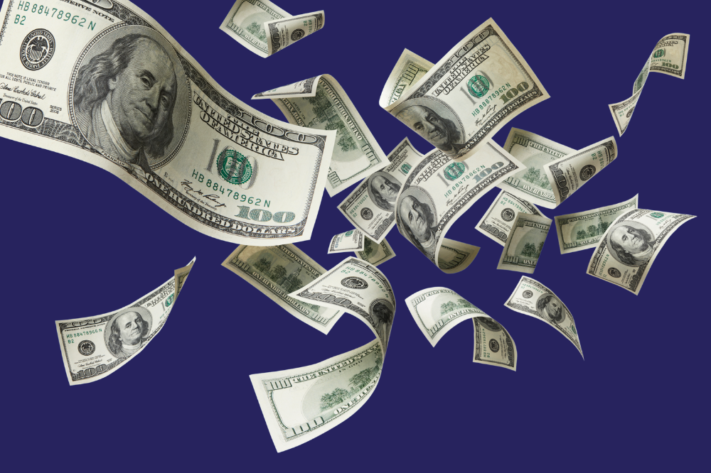 dollars swirling around a blue background