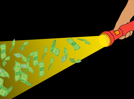 a cartoon flashlight shining light on money