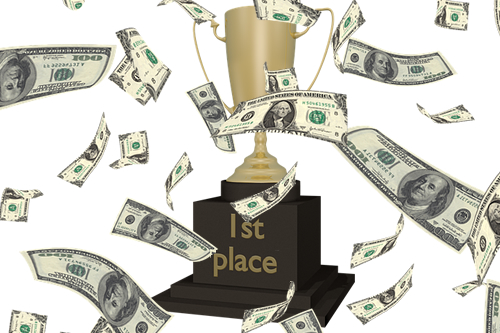 First Place Tropy with Cash Floating Down