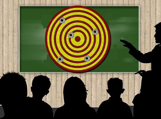 Class with Gun Target on Chalk Board