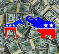 Democratic Donkey and Republican Elephant on a Cash Background