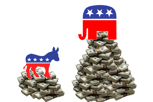Democratic Donkey and Republican Elephant on Piles of Money