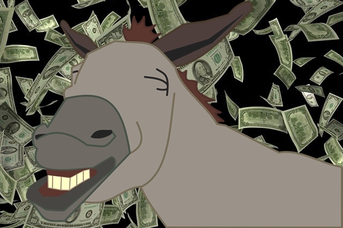 Grinning Donkey Backed by Falling Dollars