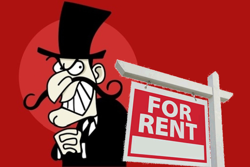 Sinister Cartoon Landlord with Rent Sign
