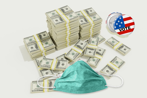 Stacks of Cash with Vote Pins and Medical Mask
