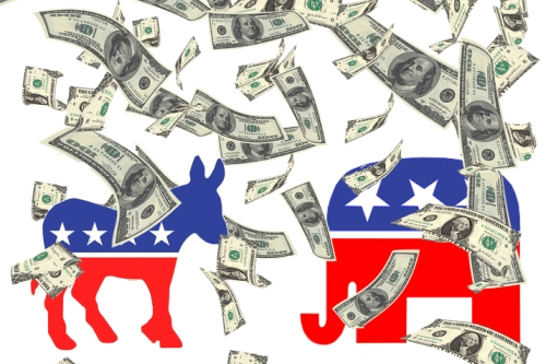 Money Falling on Democratic Donkey and Republican Elephant
