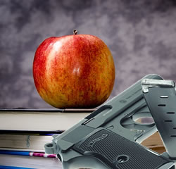 School books, apple, gun