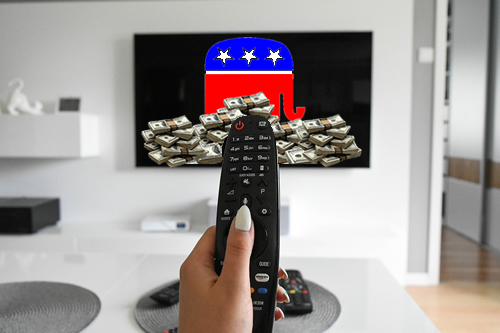 TV Remote in Foreground with GOP Elephant and Cash on TV in Background
