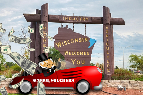 Rich Man with School Voucher Car and Entering Wisconsin