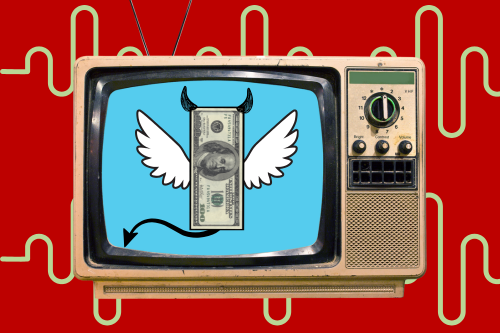 A tv with a cartoon of money with devil horns